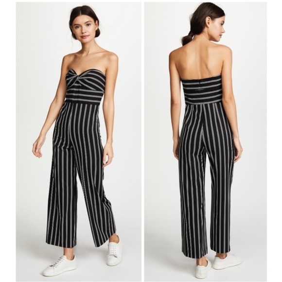 Veronica Beard Pants - Veronica Beard black wide leg jumpsuit, strapless bandeau top, white stripes, 0